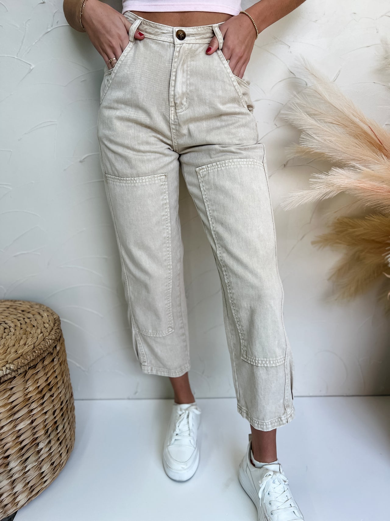 Above All Else Mid Rise Barrel Pants- Oatmeal