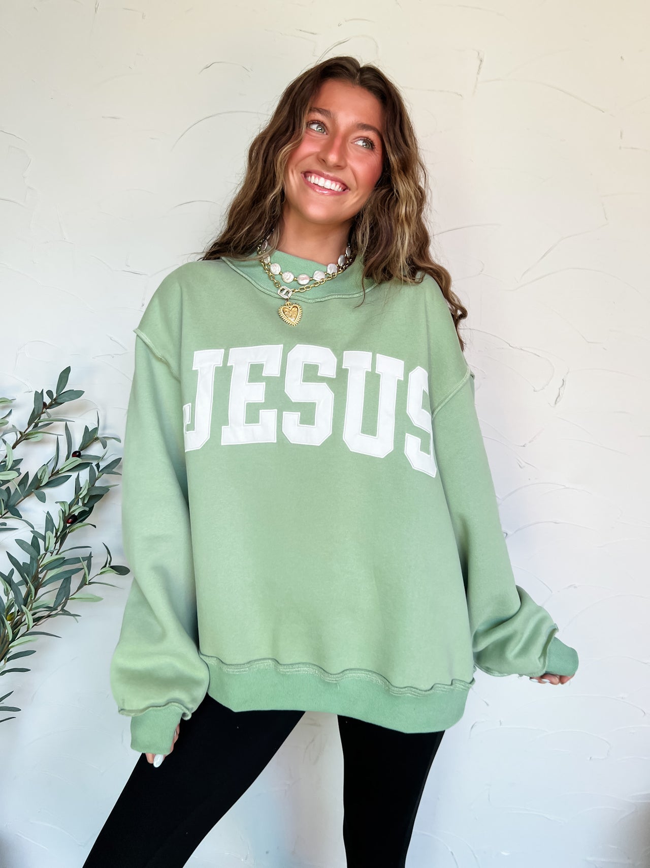 JESUS Embroidered Mock Neck Sweater- Sage
