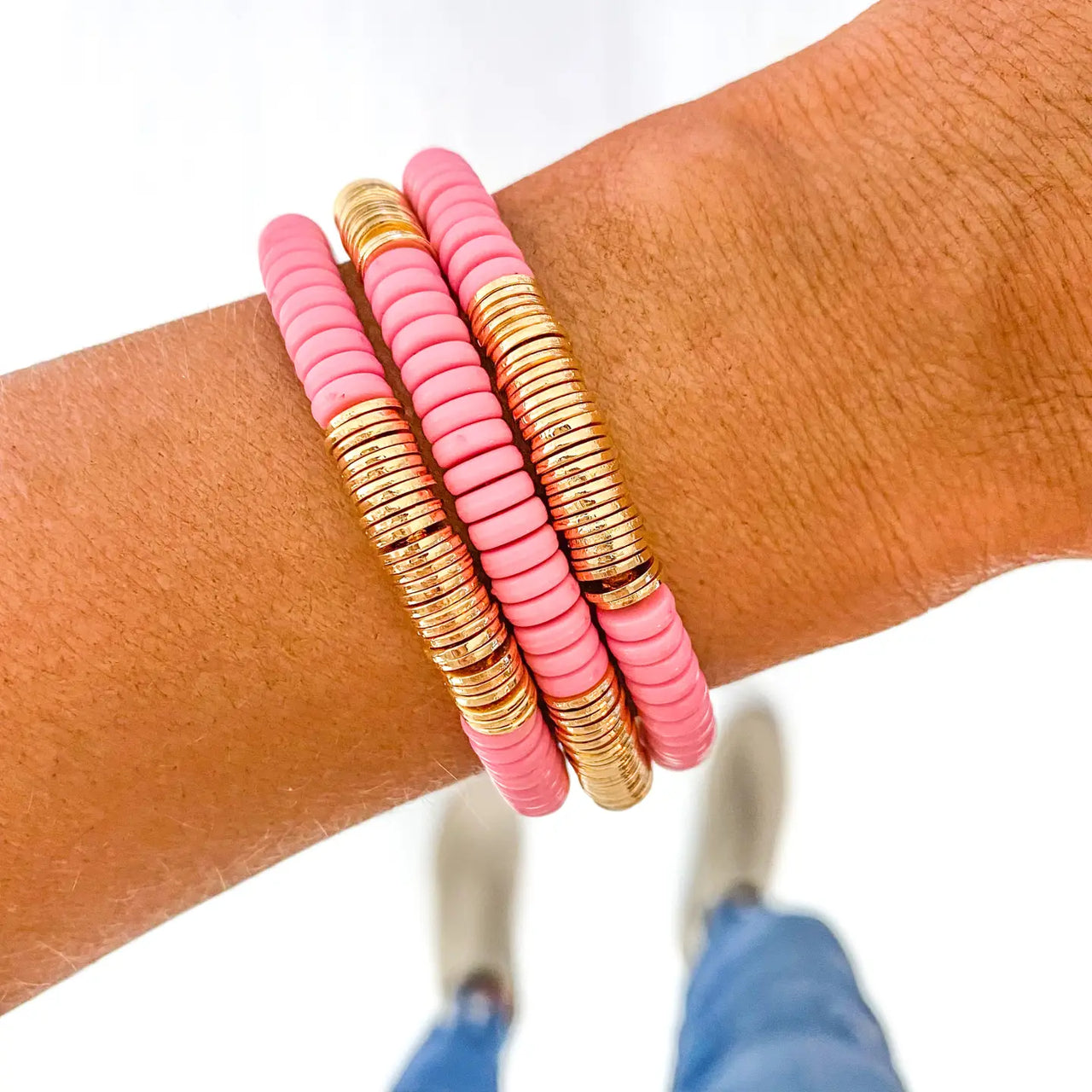 {SB}Solid Pink Acrylic Disc- Red Pink White Tube Bamboo Bracelet