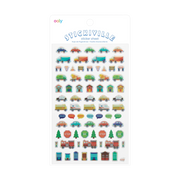 A sheet of colorful 'Stickiville' stickers by Ooty, featuring various cartoon vehicles, houses, trees, and signs on a white backing card.