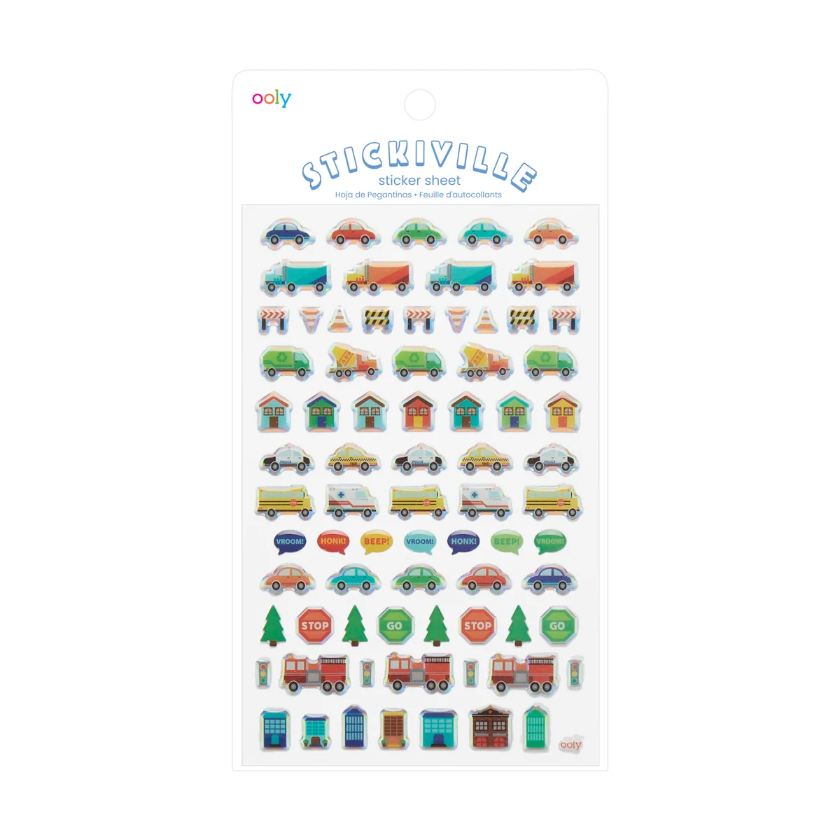 A sheet of colorful 'Stickiville' stickers by Ooty, featuring various cartoon vehicles, houses, trees, and signs on a white backing card.