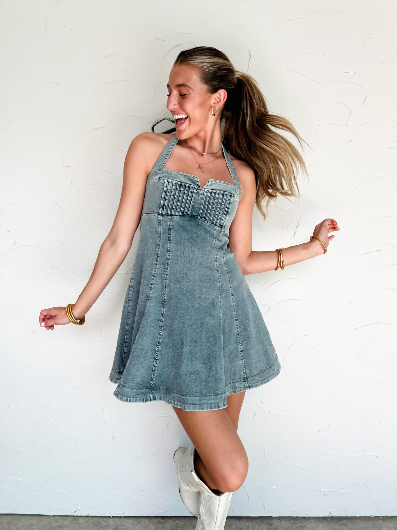 There's Always Hope Flared Denim Halter Dress