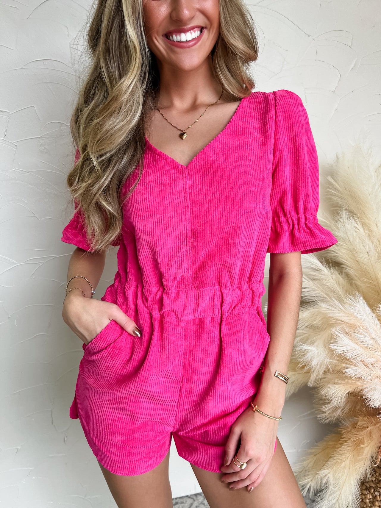 Cherish These Moments Corduroy Puff Sleeve Romper