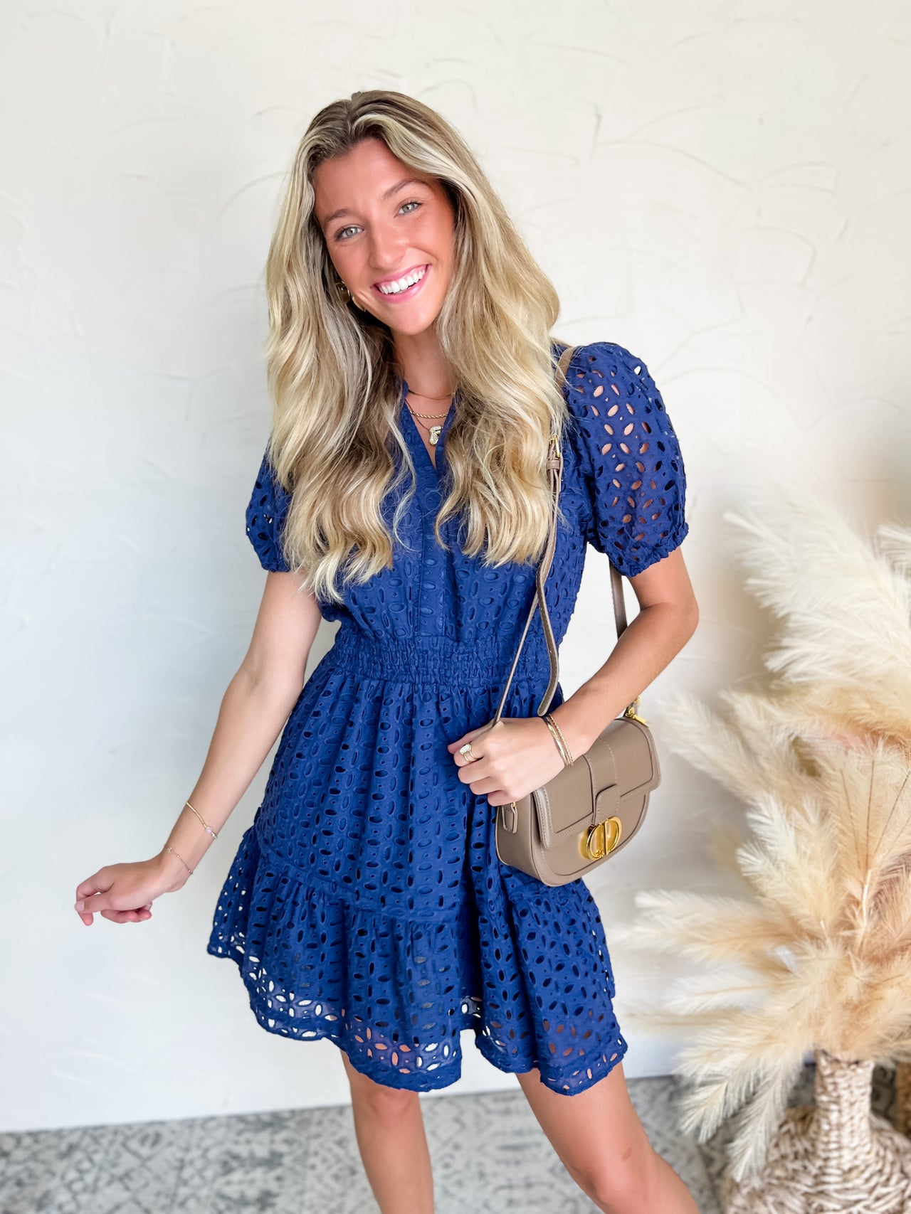 Out For The Day Eyelet Split Neck Dress- Navy