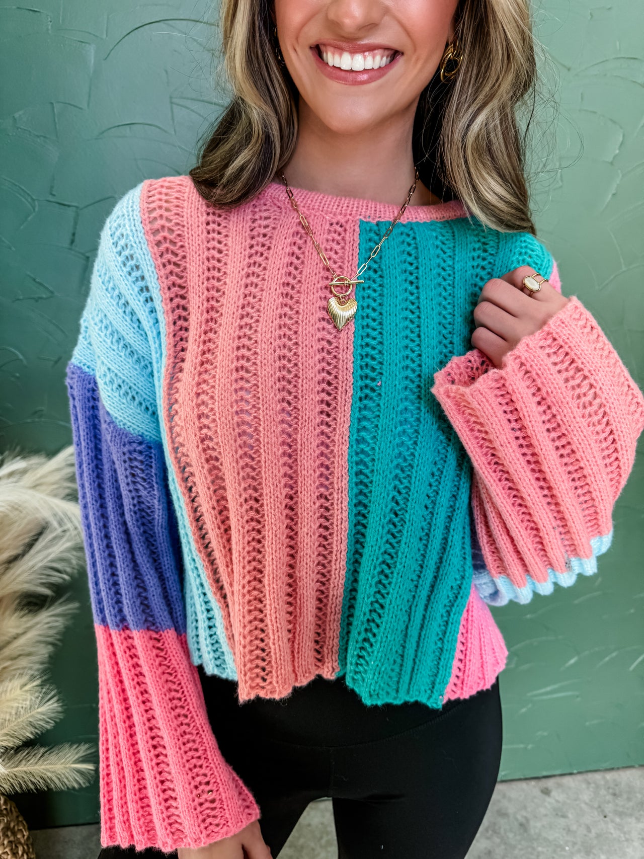 Elevate Each Day Cable Color Block Sweater- Pink/Blue