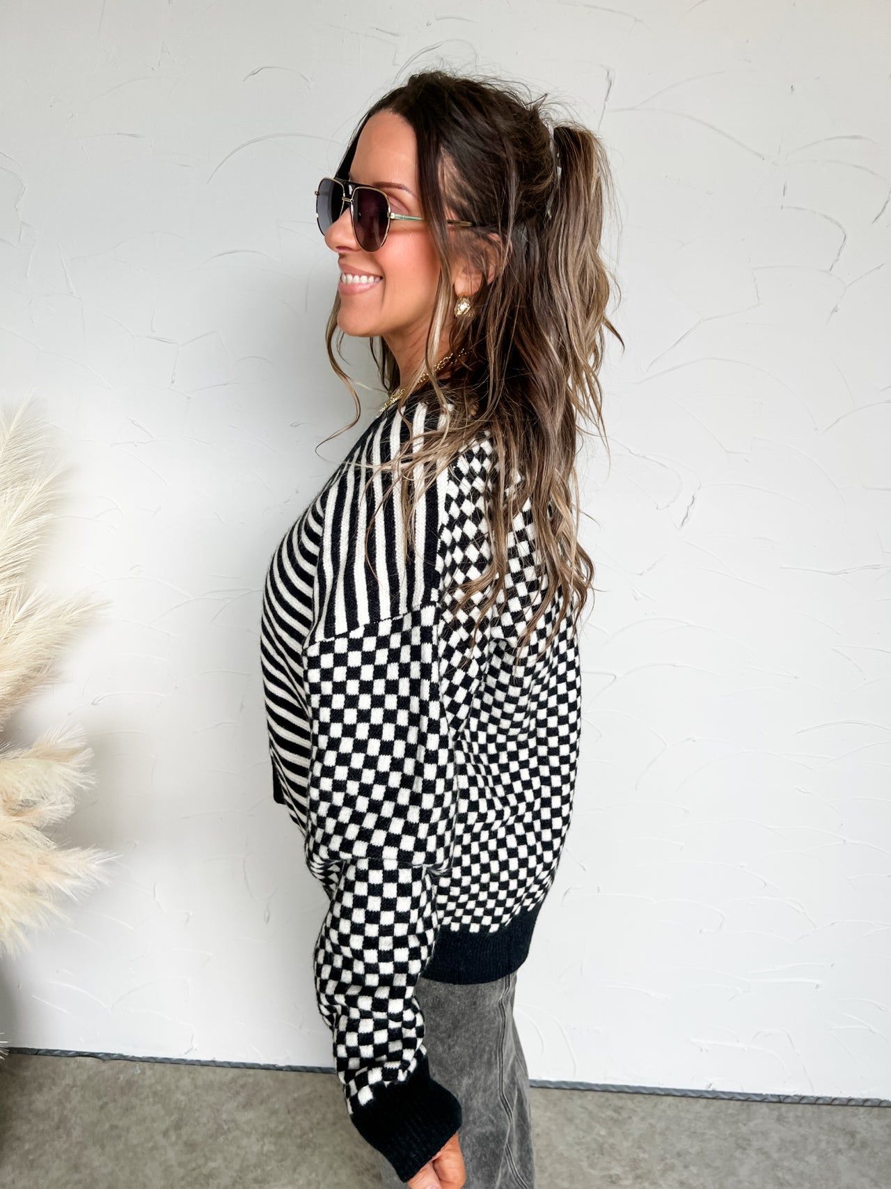 Stay Simple Checkered & Stripe Sweater