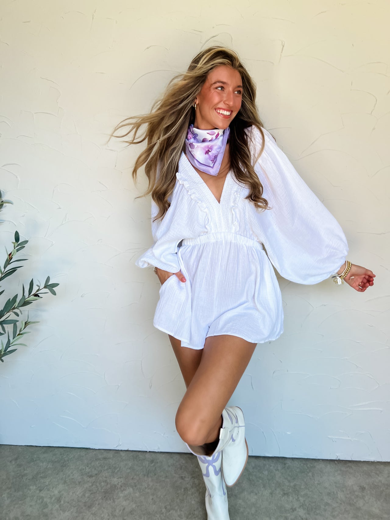 Happier Than Ever Smocked Ruffled Romper- Ivory