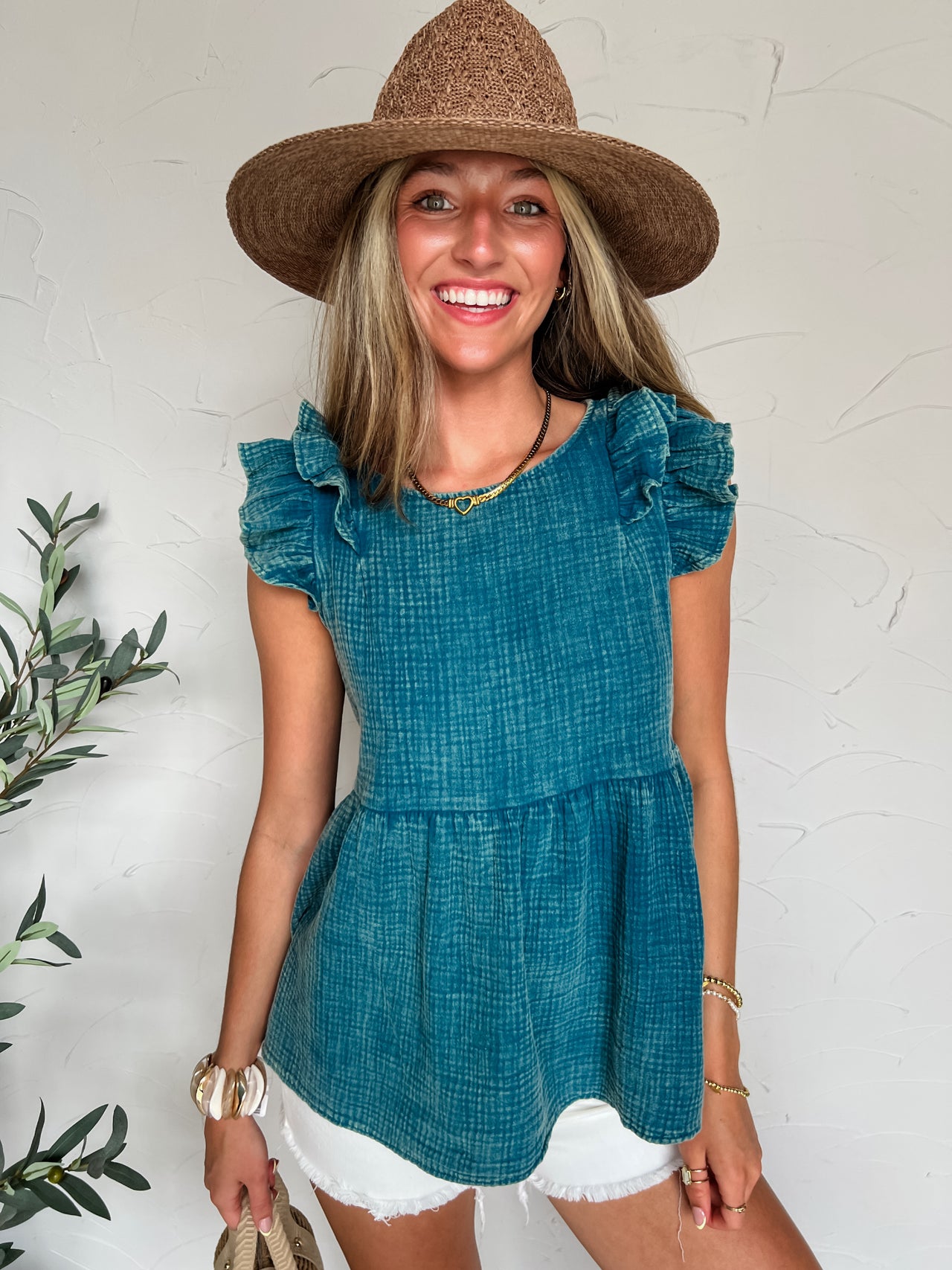 Feeling So Bright Gauze Ruffle Sleeve Top- Teal