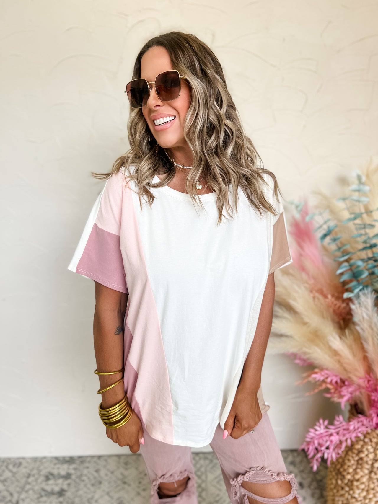 Move To Your Own Beat Color Block Top- Rose/Blush/Ivory/Oyster/Nude