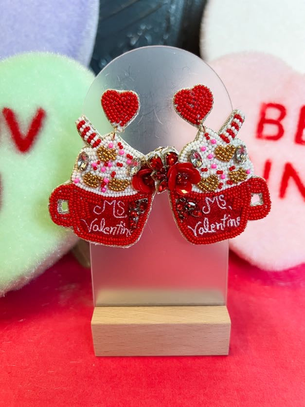Ms Valentine Red Beaded Coffee Earrings