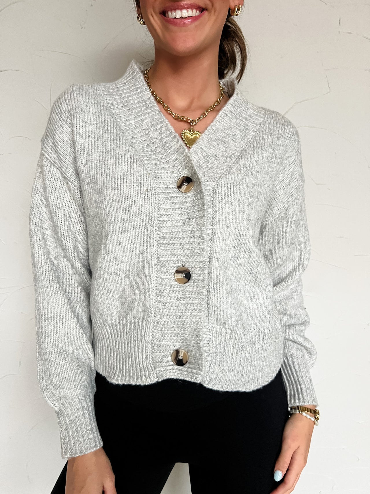 All The Works Button Down Knit Sweater Cardigan- Grey