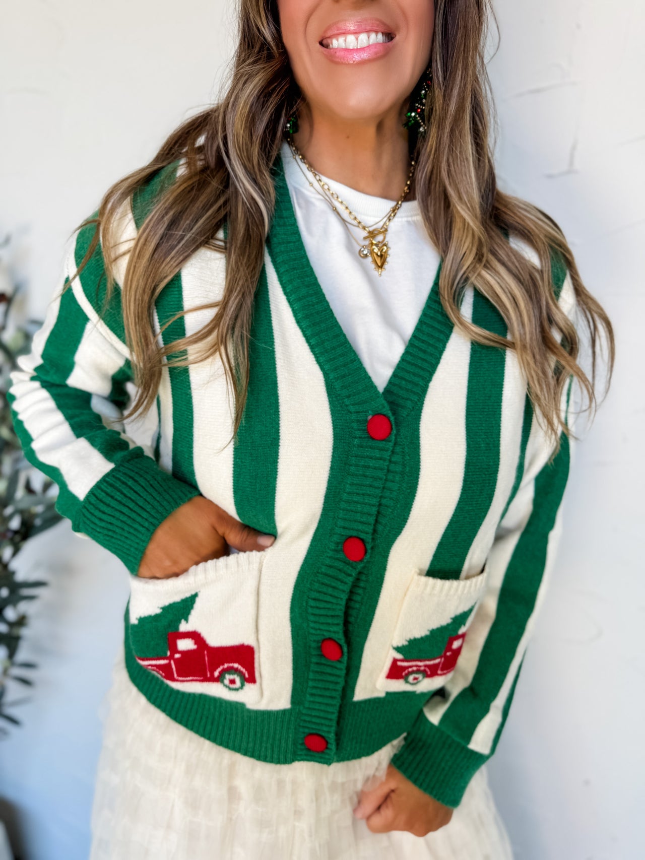 Christmas Truck Embroidered Pocket Stripe Cardigan