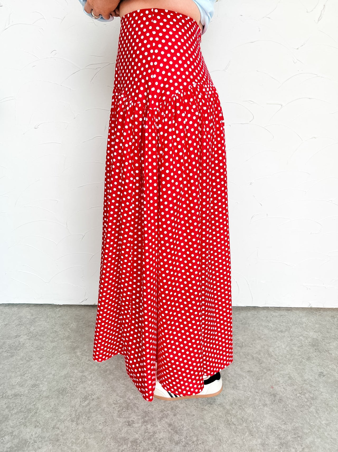 Look At You Go Polka Dot Flared Maxi Skirt