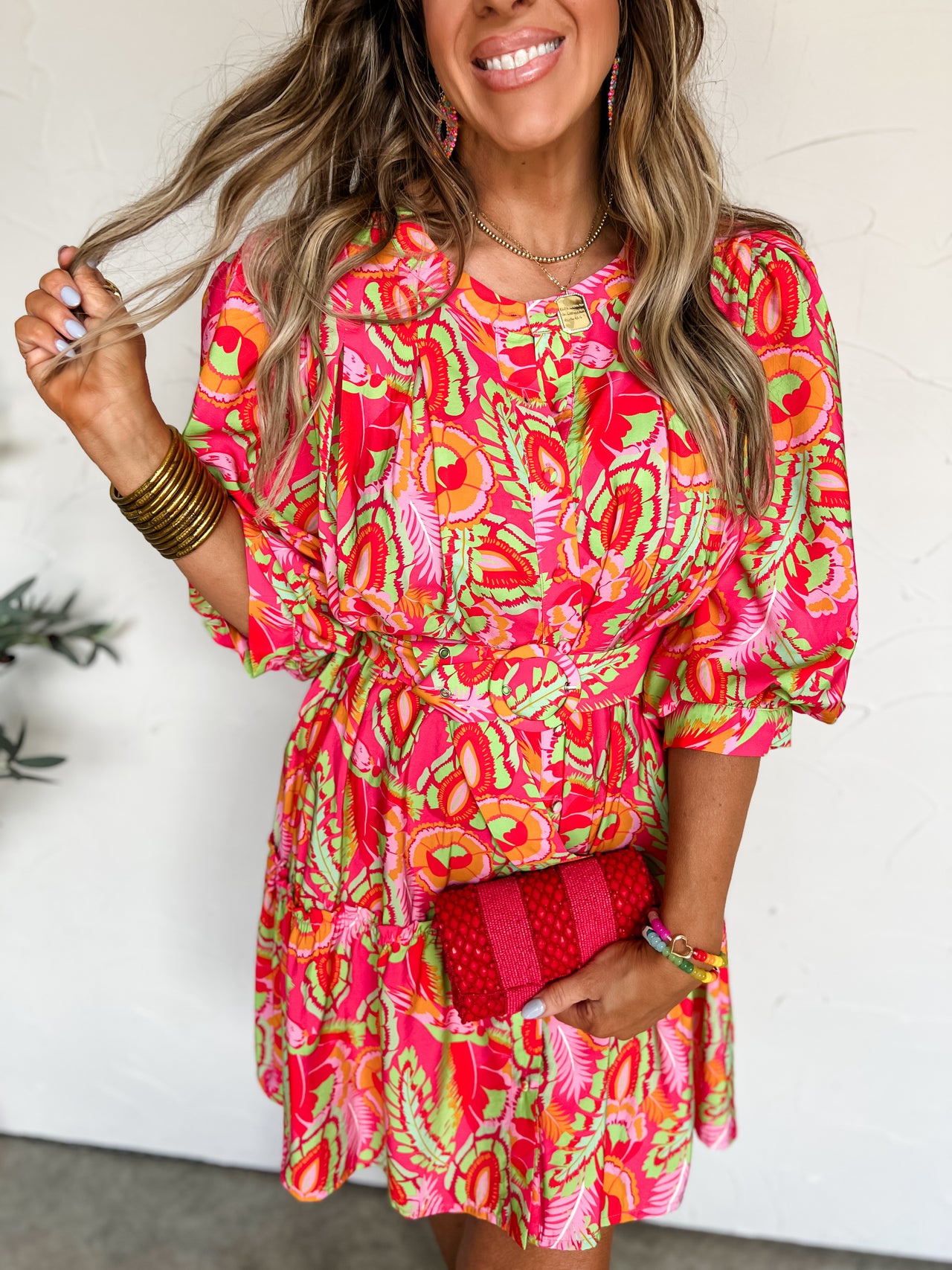 Take A Moment Geo Floral Belt Dress