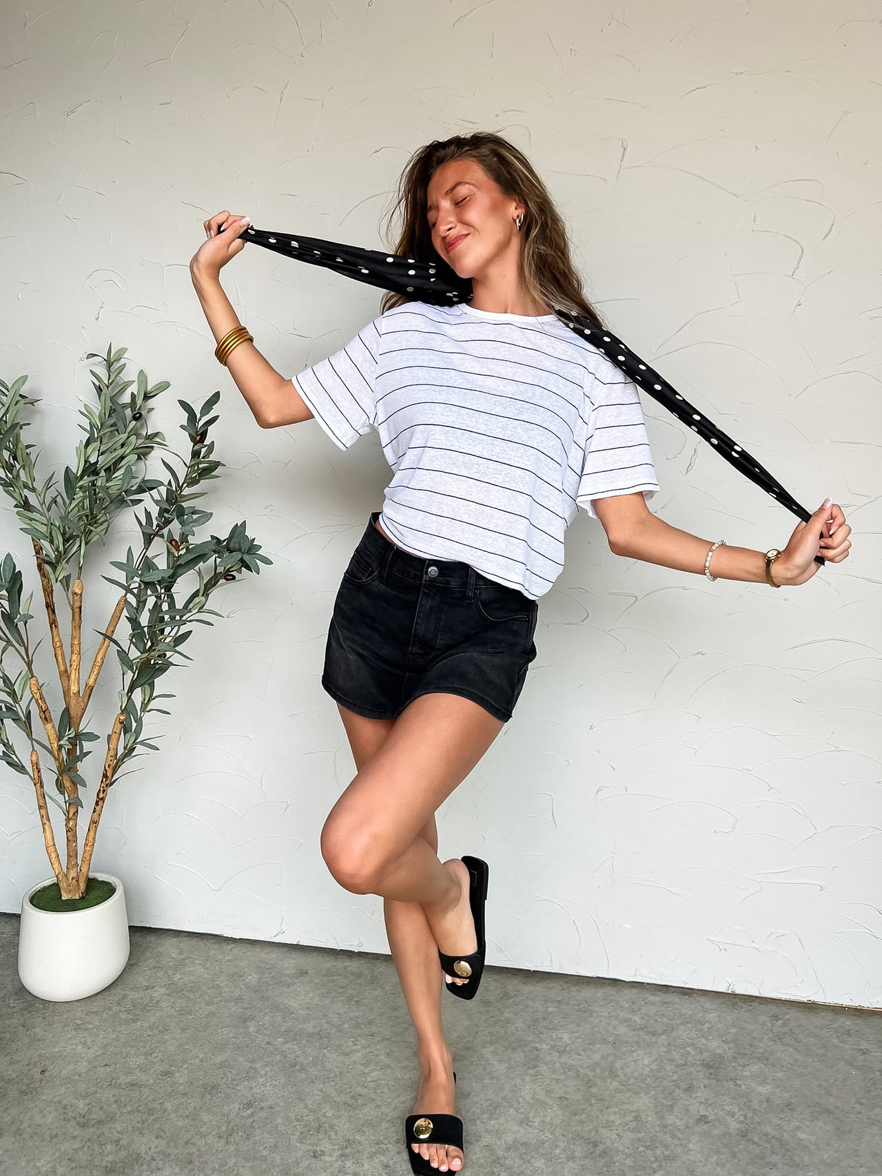 I'm Perfect Stripe Cotton Linen Top- White/Black