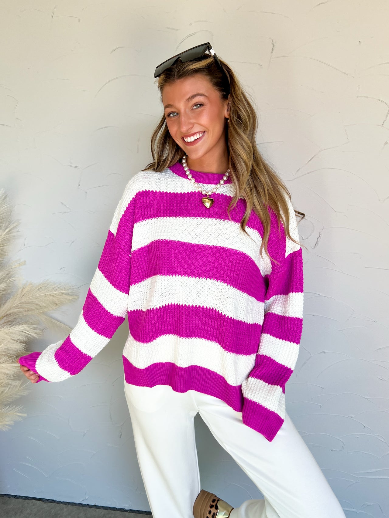 Finding My Way Striped Knit Sweater- Ivory/Fuchsia