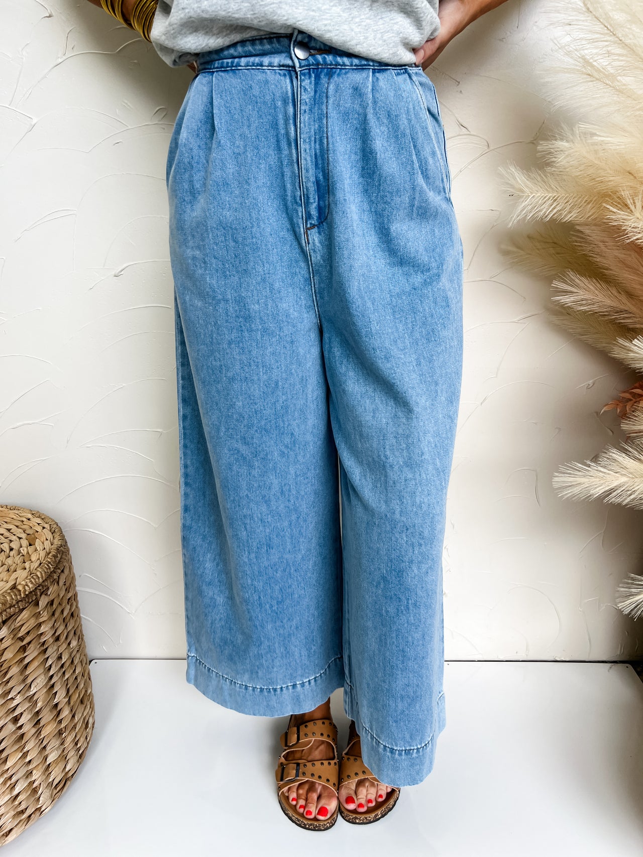 Let's Make Plans Wide Leg Washed Denim Crop Pants