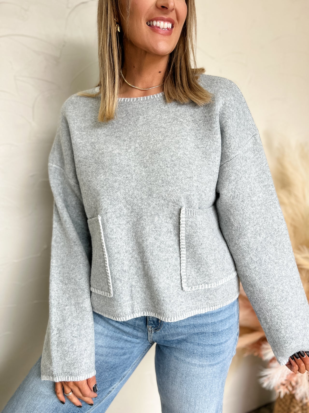 Doing The Most Contrast Stitch Knit Sweater- Grey