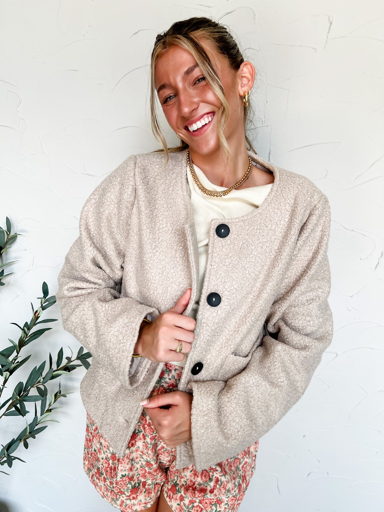 Strike A Pose Fleece Button Down Jacket- Oyster