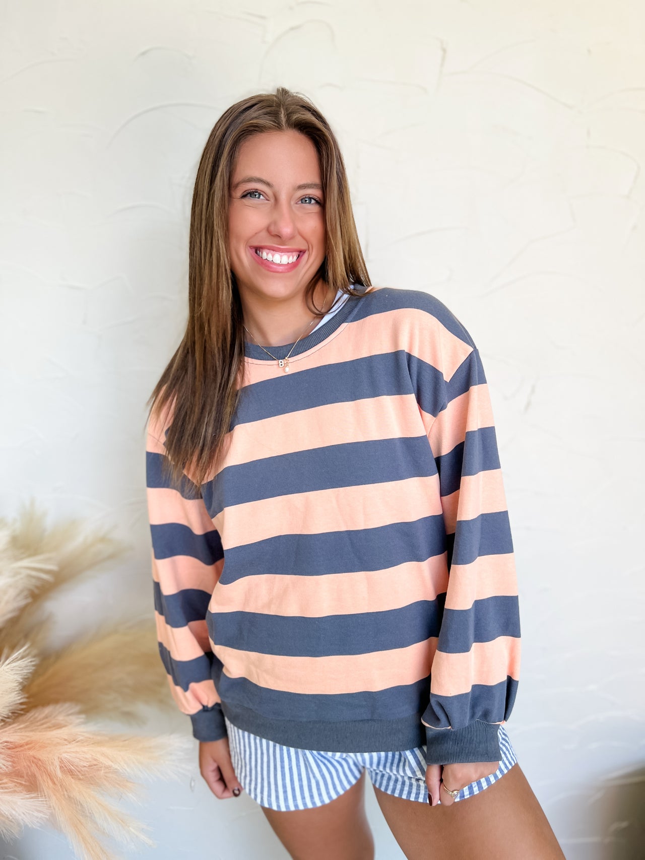 Look Over There Striped French Terry Pullover- Peach/Grey