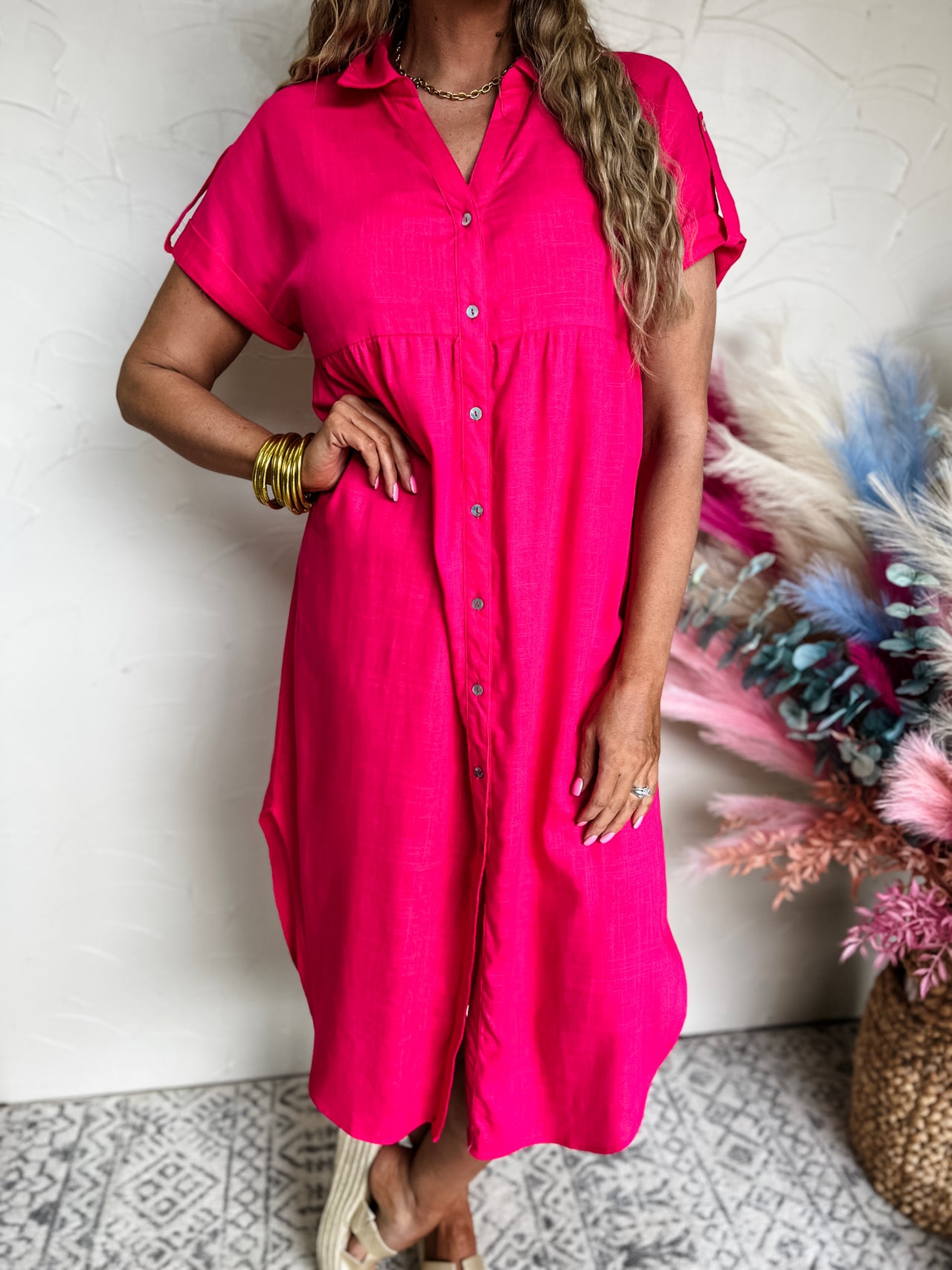 A Delicate Touch Linen Midi Dress- Hot Pink