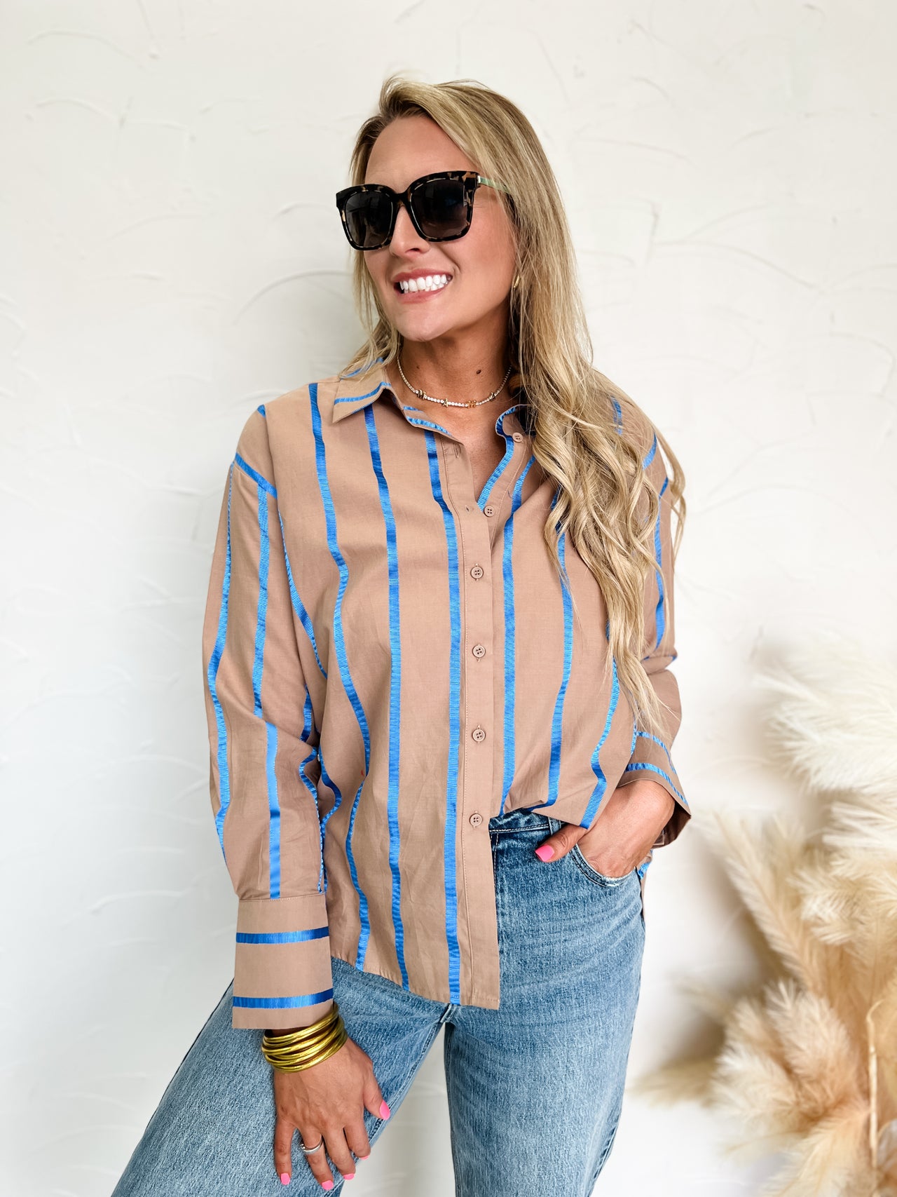 Always Kind Long Sleeve  Button Up Stripe Top