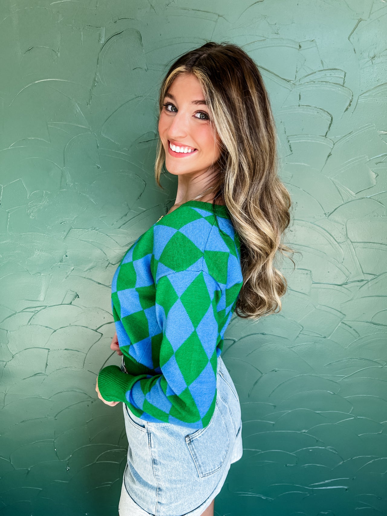 Just My Type Argyle Crop Sweater- Green Blue