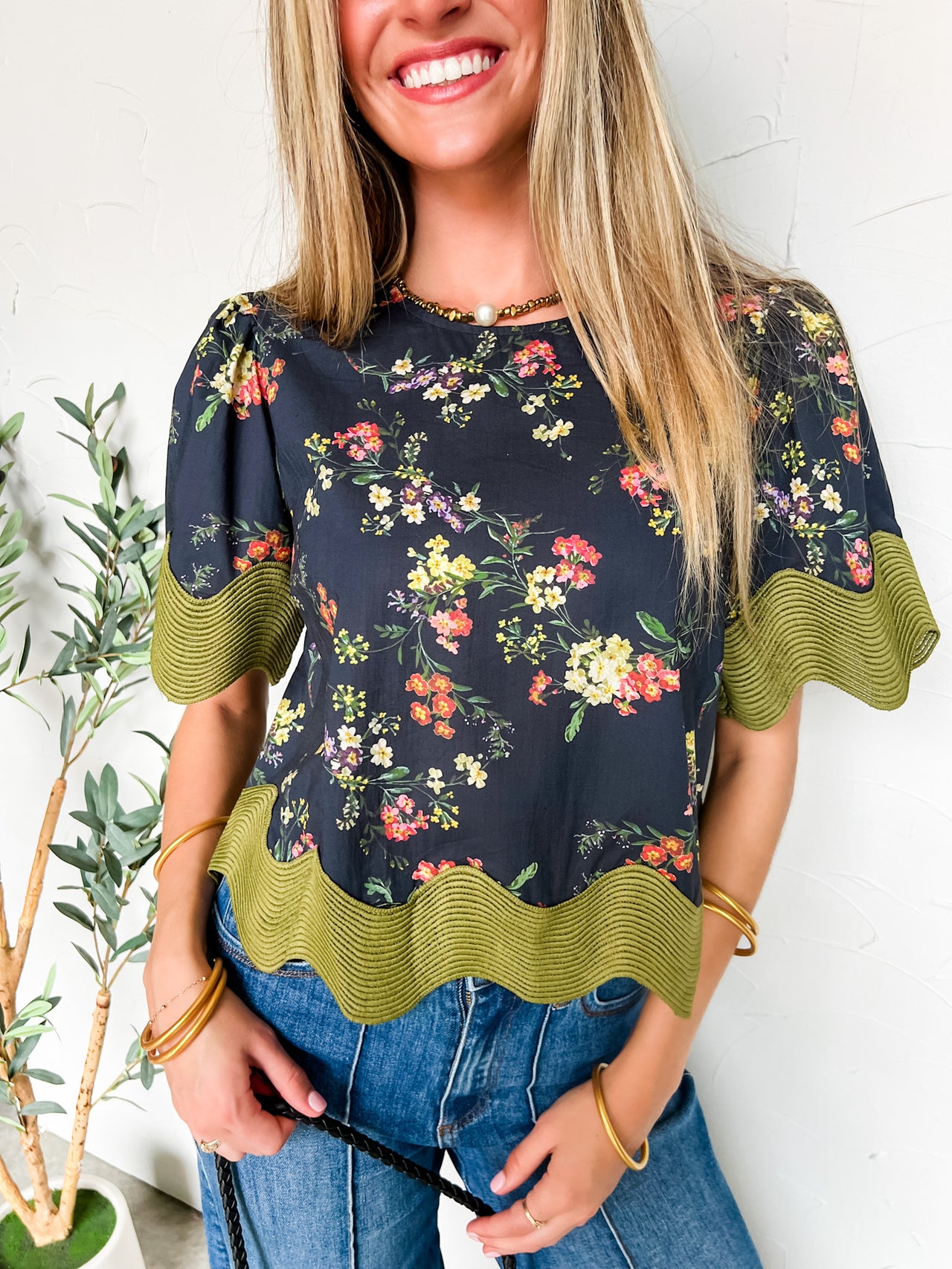 Thankful For You Stripe Wavy Hem Floral Top