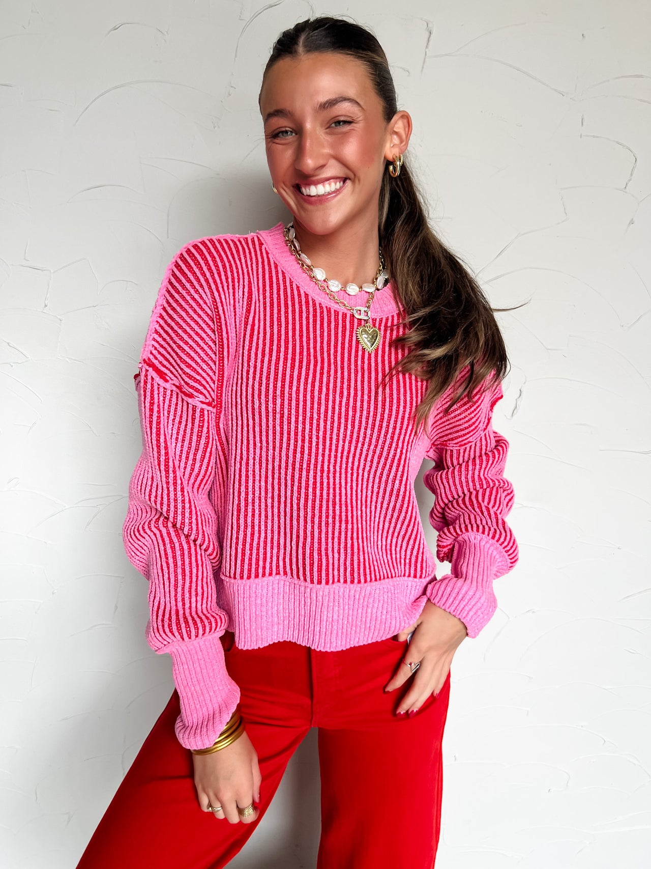 Care To Contrast Two Tone Striped Sweater- Pink
