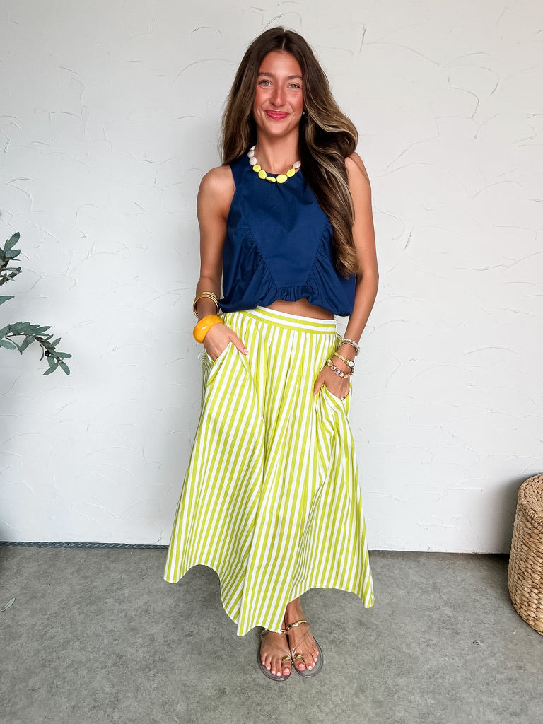 In My Own World Ruffle Detail Top- Navy