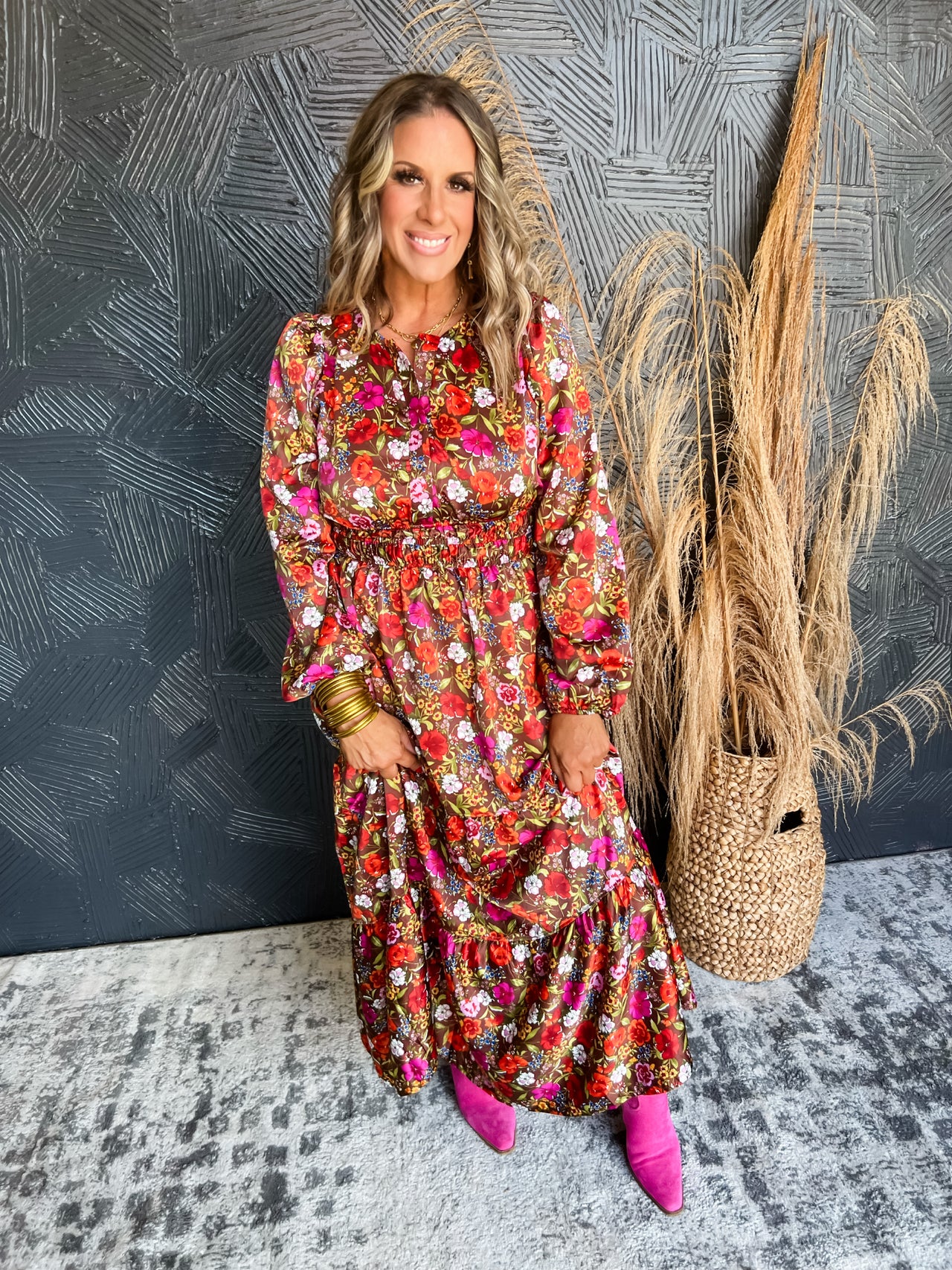 Fallin' For The Floral Tiered Dress- Brown