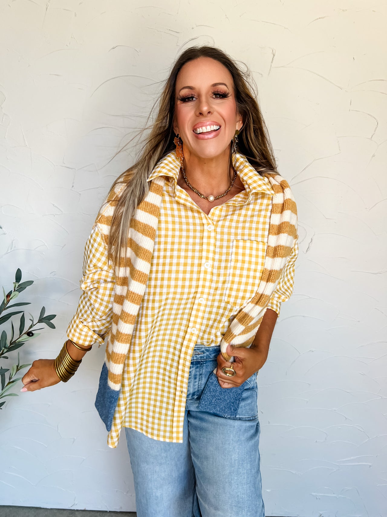 Suddenly Fine Gold Oversized Gingham Button Down Shirt