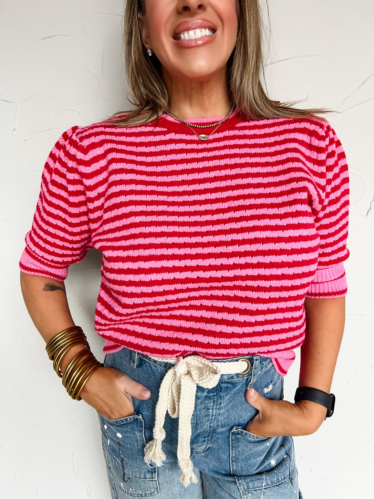 Give Me The Truth Striped Pointelle Sweater- Red/Pink