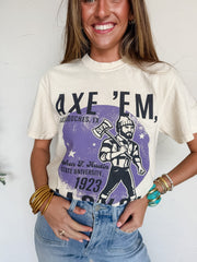 Person wearing a t-shirt with graphic SFA "Axe'em" design and text