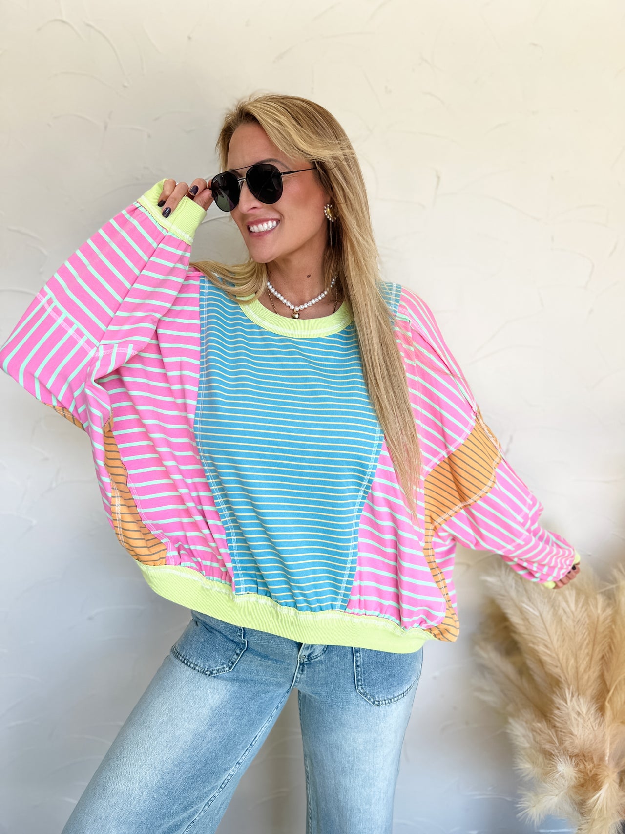 Sweet Temptations Stripe Mixed Top- Blue/Pink