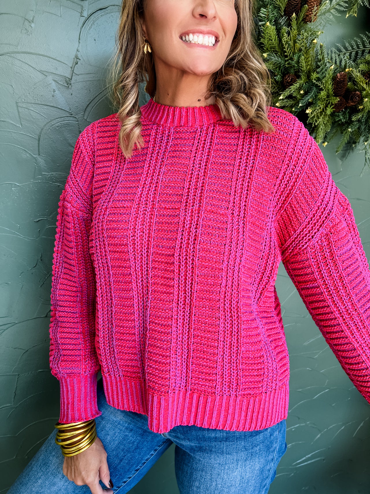 Always Improving Oversized Two Tone Sweater- Red