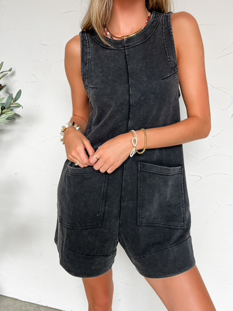 Say Less Mineral Washed Romper- Ash