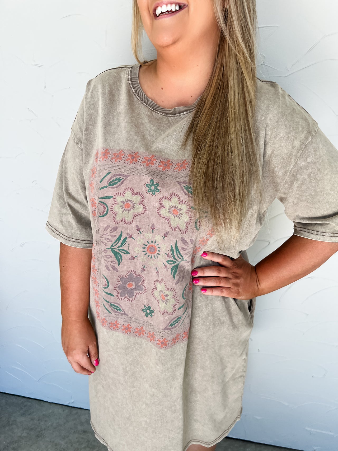 Boho Graphic Floral T-Shirt Dress- Mocha