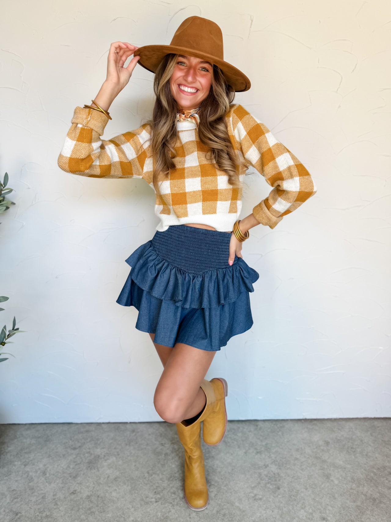 Set The Tone Mustard Checkered Cropped Sweater