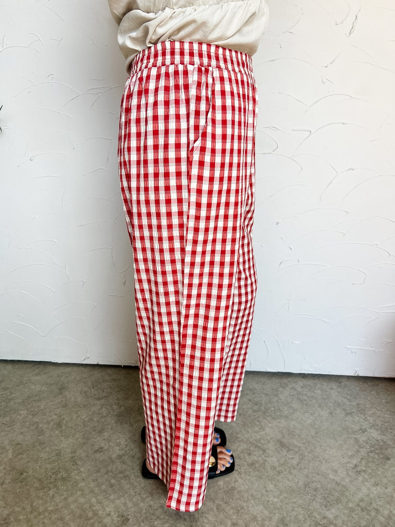 Let's Hit The Road Elastic Waist Checkered Casual Pants- Red