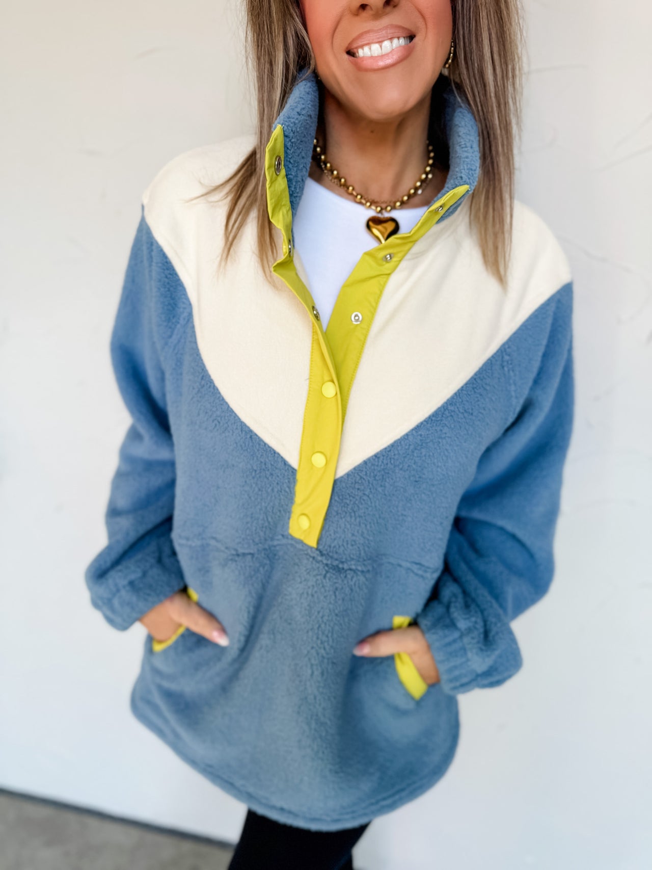 Ready To Go Color Block Fleece Pullover- Denim