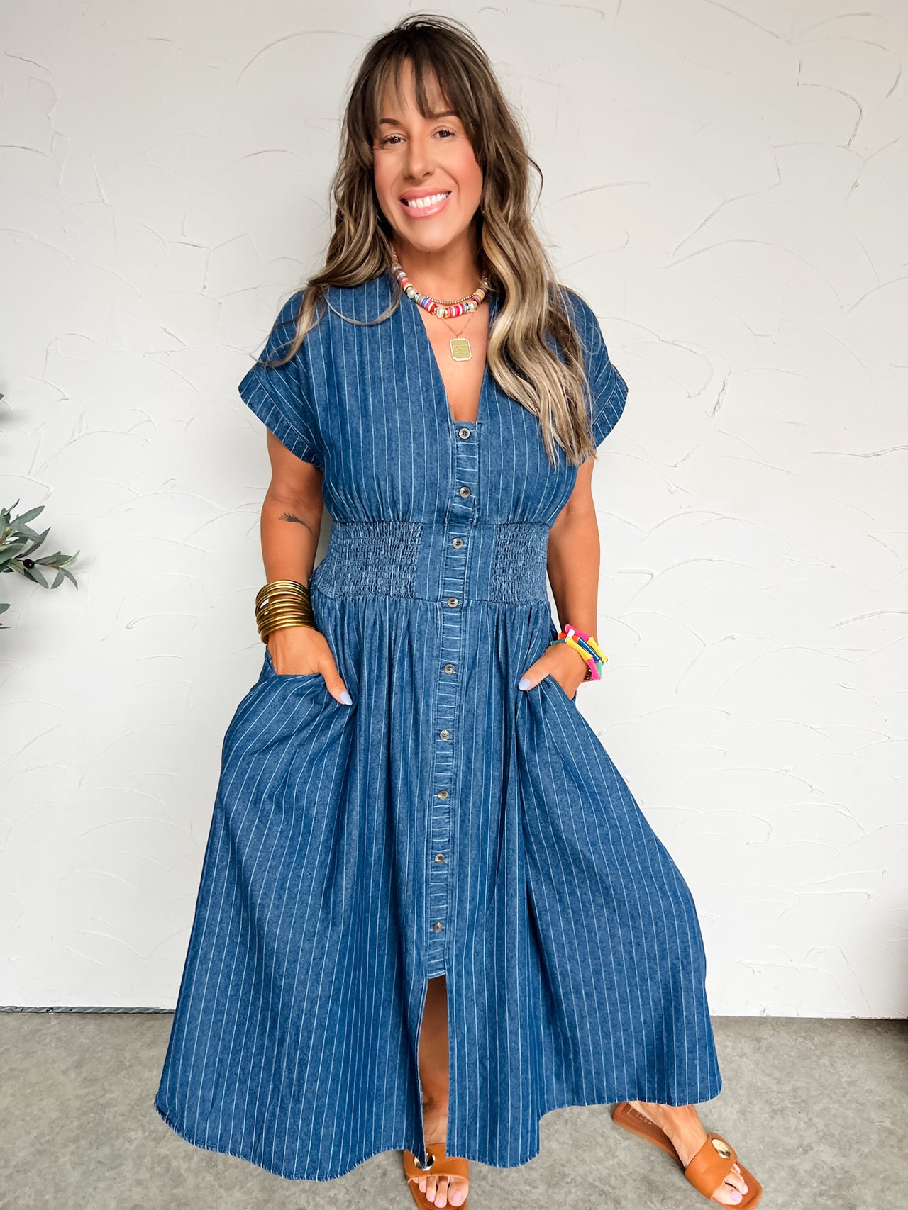 The In Between Pinstripe Smocked Midi Dress