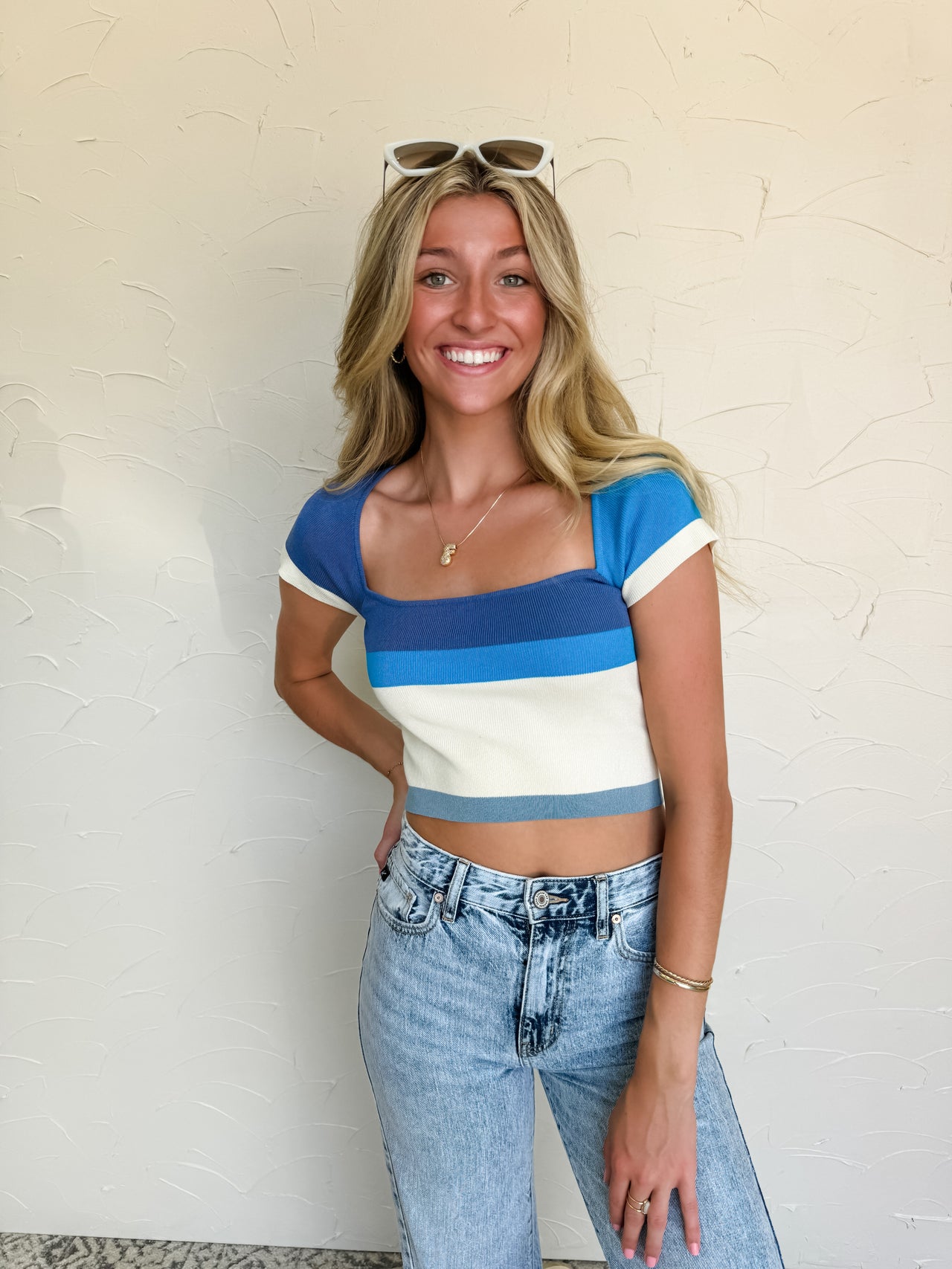 Comfortable Charm Square Neck Sweater Crop Top- Denim