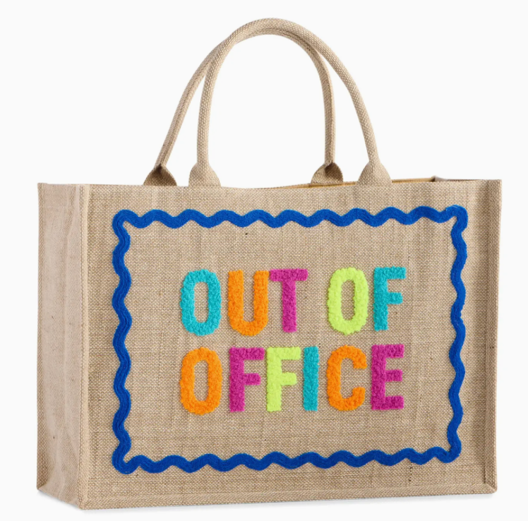 Jute bag with 'OUT OF OFFICE' text in colorful letters on a white background