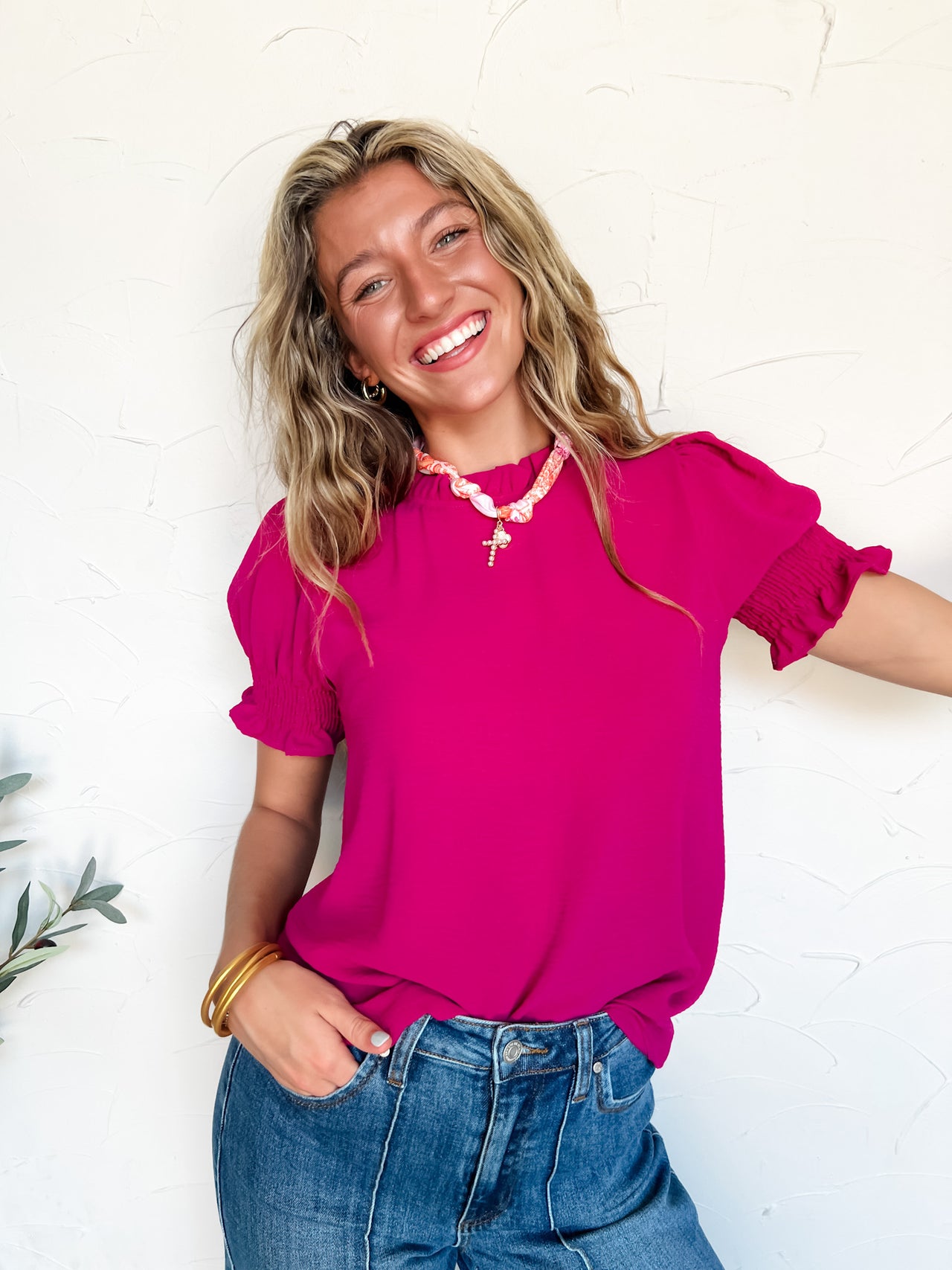 Keep It Chill Smocked Sleeve Top- Magenta