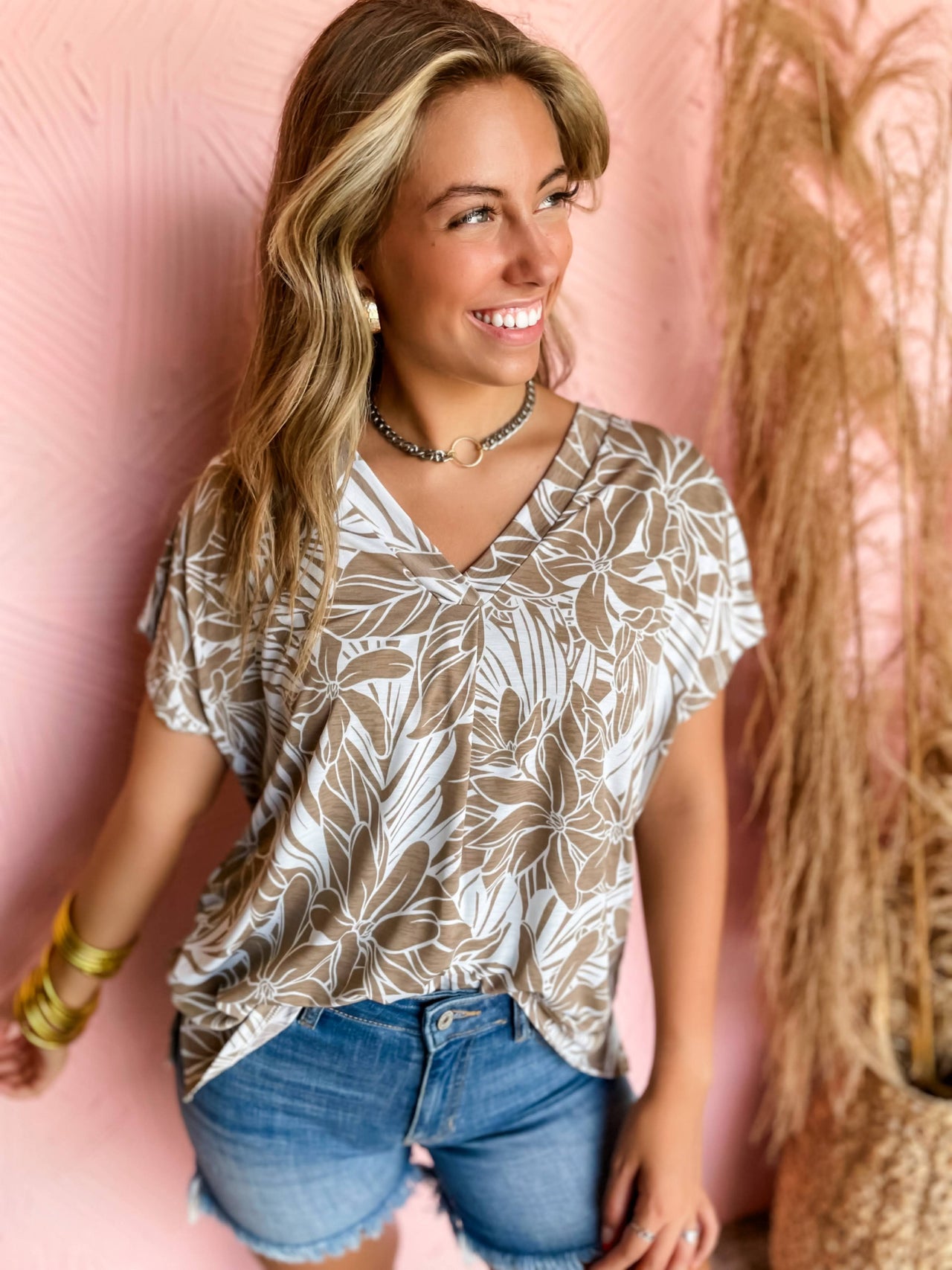 Taupe Tropical Leaf Dolman Knit Top