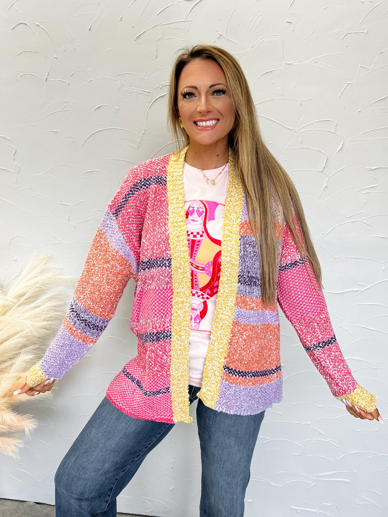 A Crisp Afternoon Color Block Cardigan- Purple/Coral