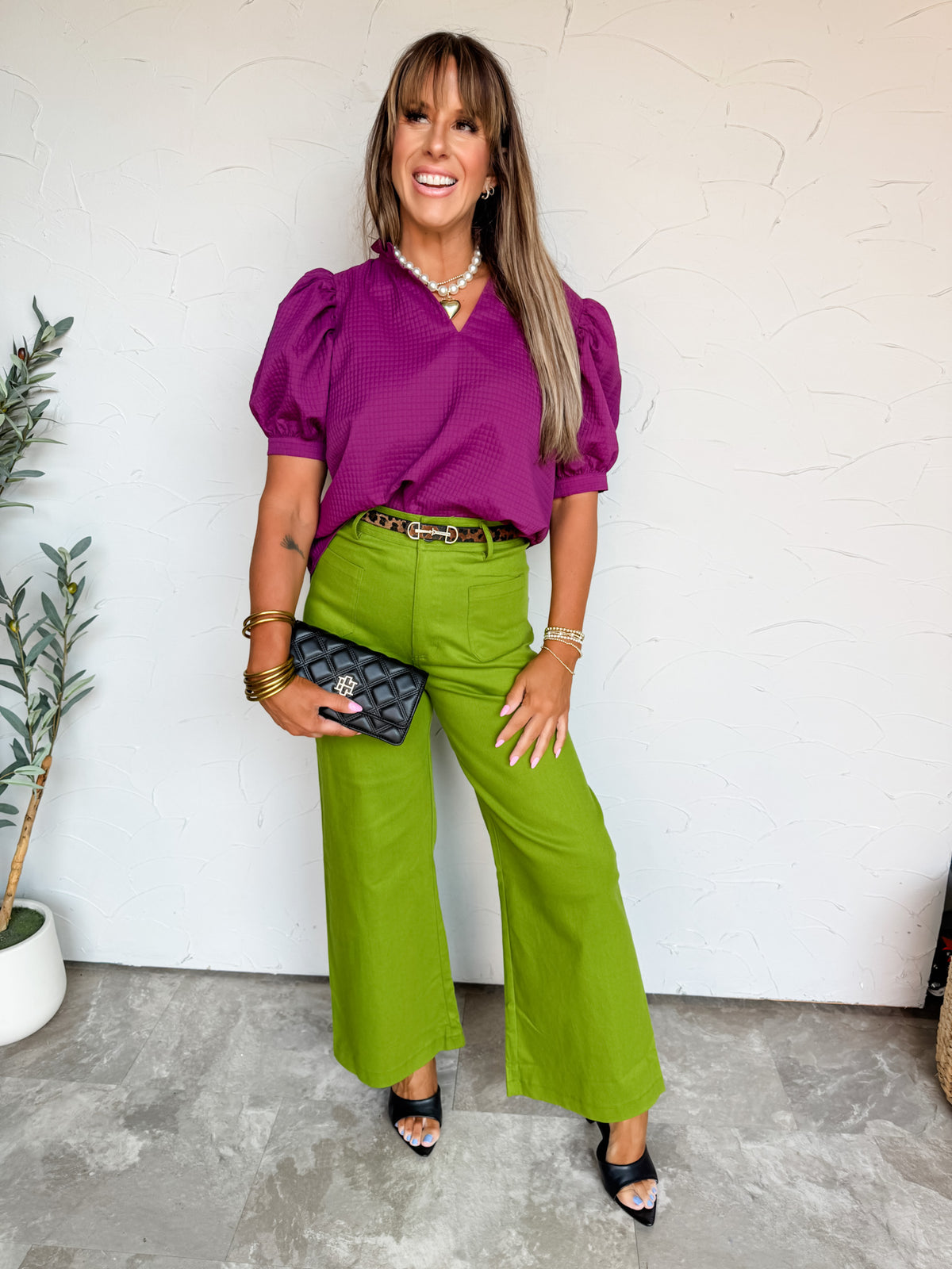 Just Around The Corner Puff Sleeve V Neck Top- Plum