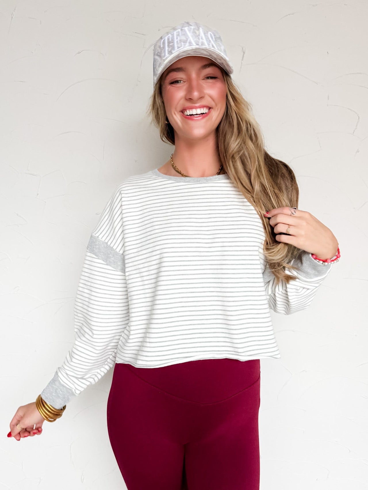 So Dreamy Striped Cutout Back Sweatshirt- White/Grey