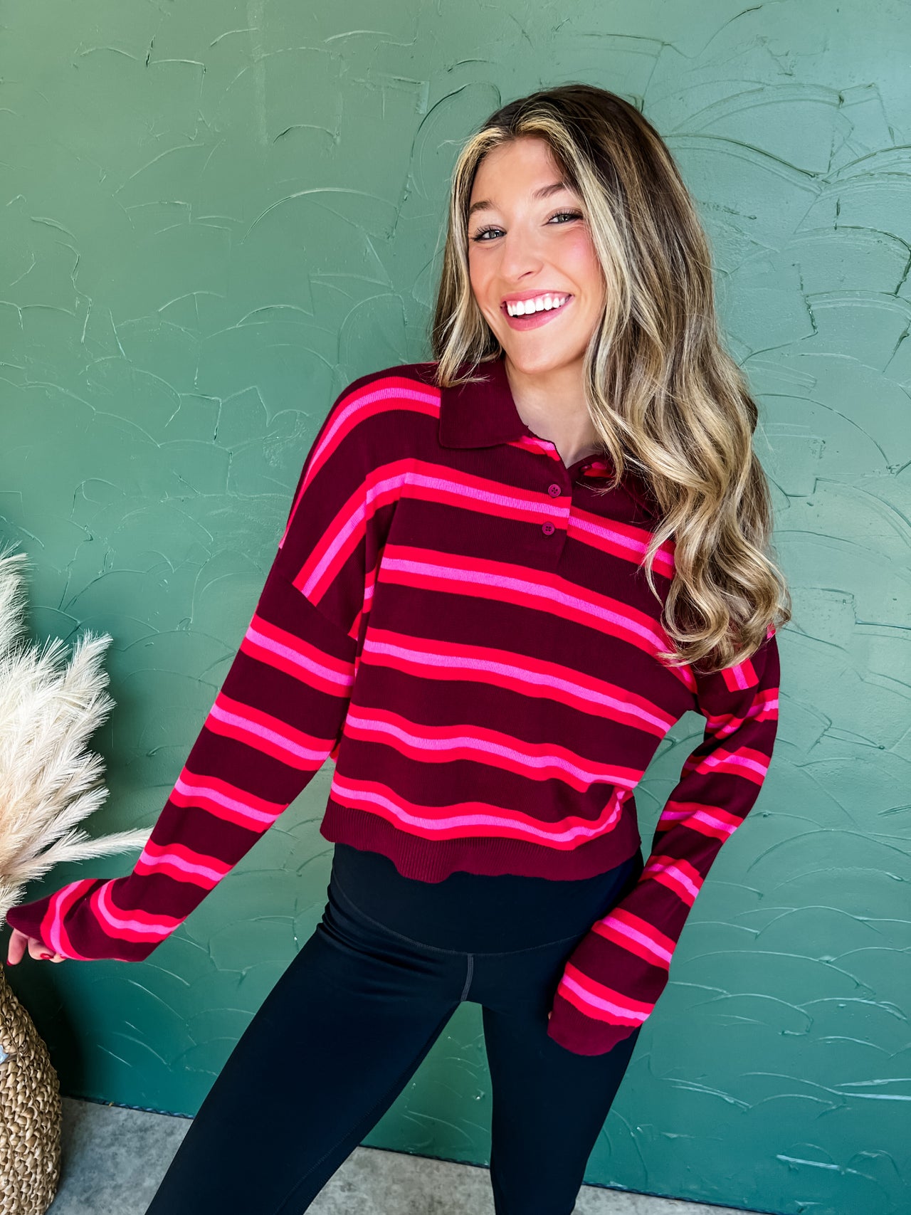 Just Be You Stripe Collared Top- Crimson Red Pink